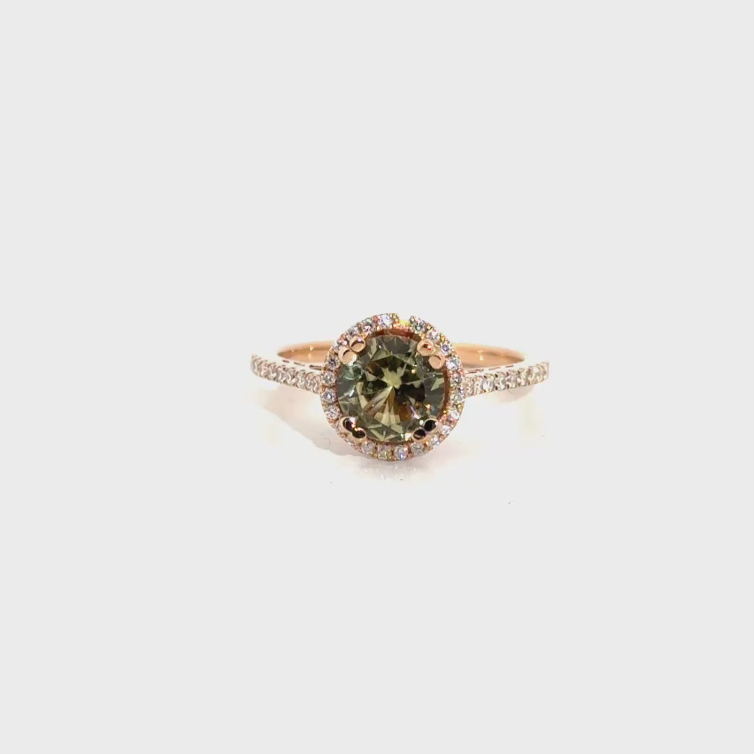 Natural Diamond & Epidote Halo Cathedral Style Ring in 14K Rose Gold