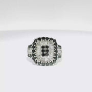 Natural Round Black Diamond and White Baguette Diamond Cocktail Ring Set in 14K White Gold Sz 5