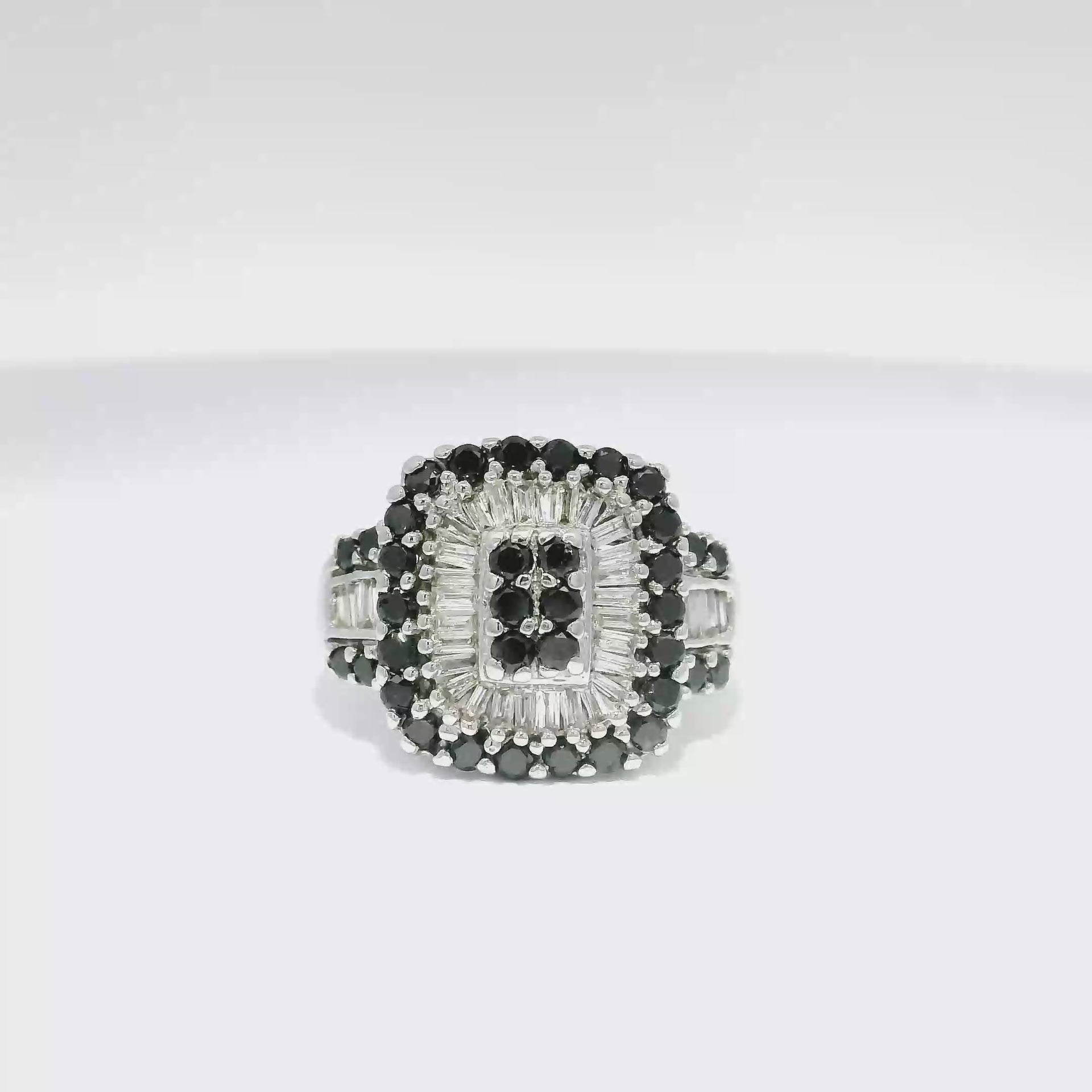 Natural Round Black Diamond and White Baguette Diamond Cocktail Ring Set in 14K White Gold