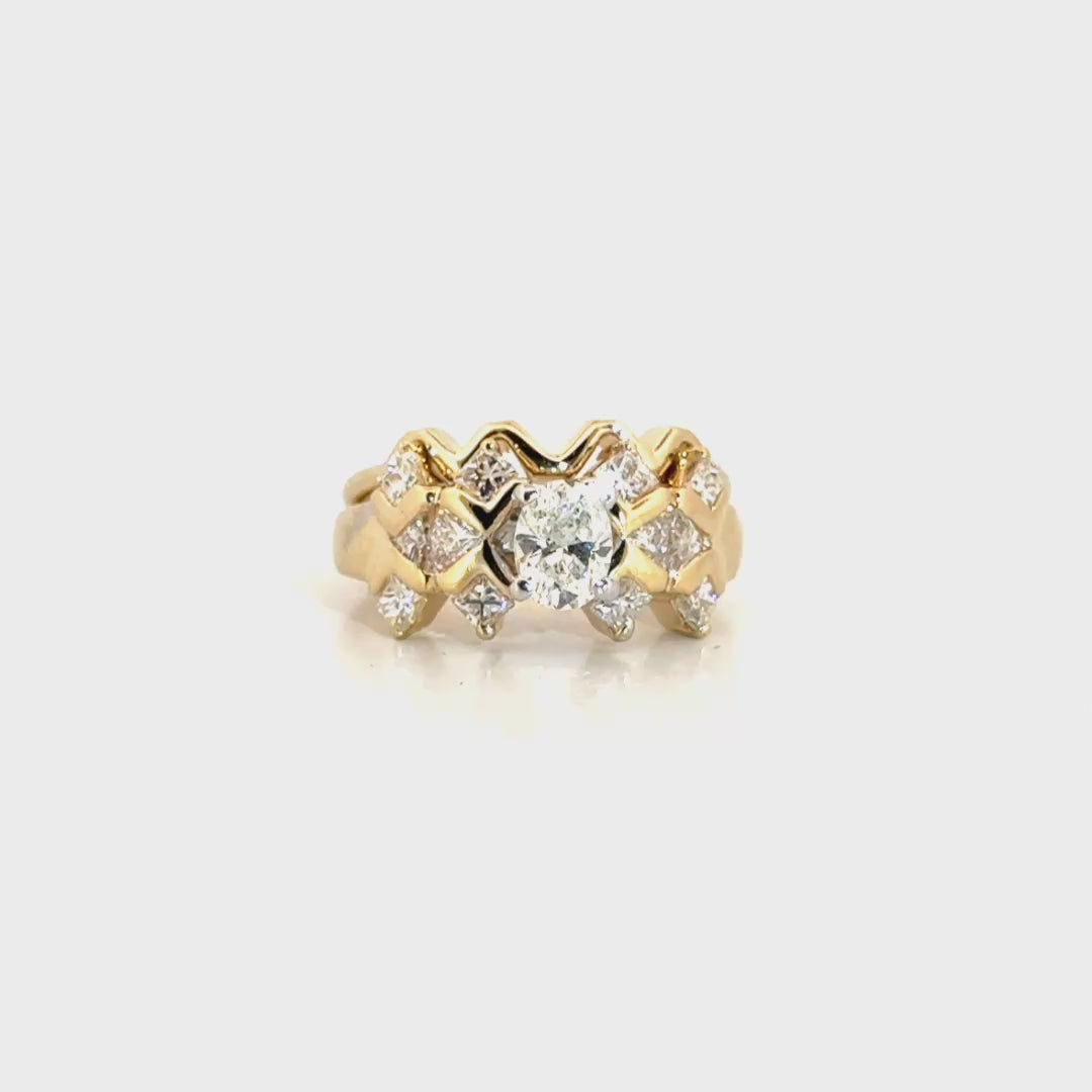 Natural Diamond Oval Geometric Style Ring with Matching Band in 14K Yellow Gold