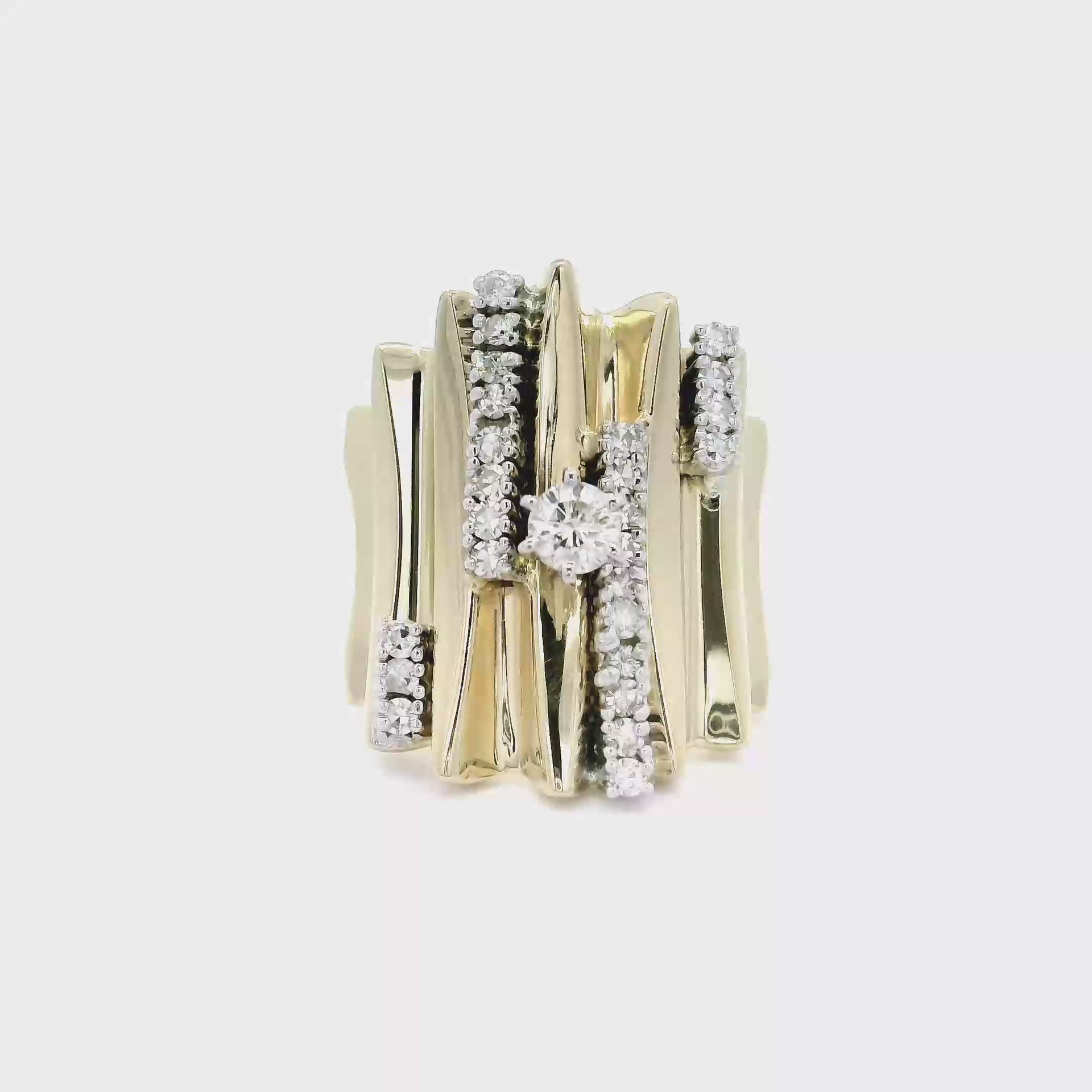 Multi Row Natural Diamond Architectural Statement Ring in 14K Yellow Gold