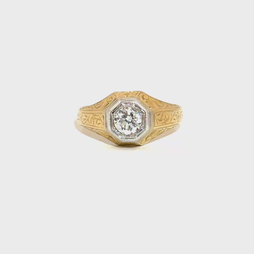 Diamond Solitaire Signet Style Engraved Ring in 14K Yellow Gold with a .60ct Natural G VS1 Diamond