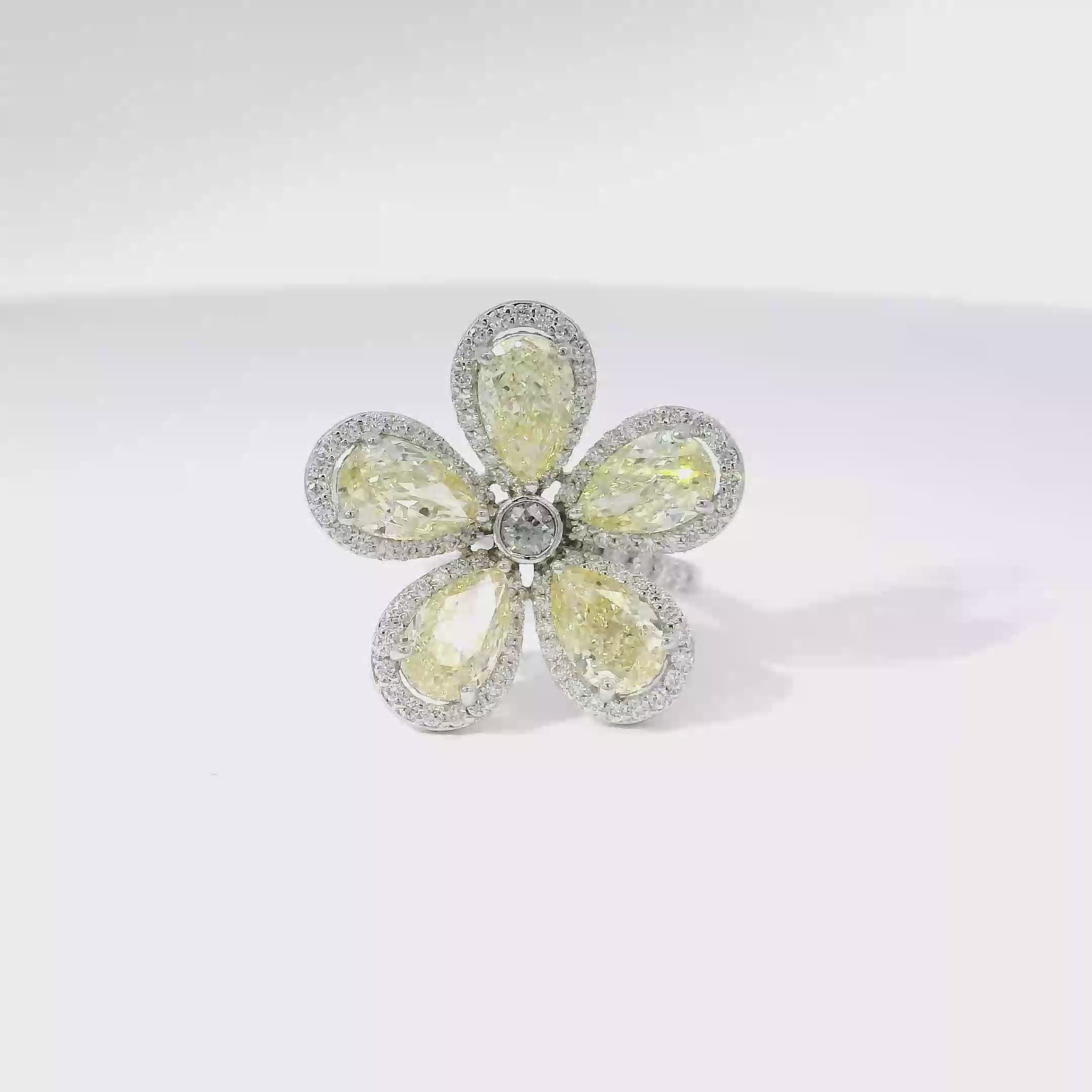 3.25cttw. Lab Grown Fancy Light Yellow Pears & White Round Diamond Flower Ring in 14K White Gold
