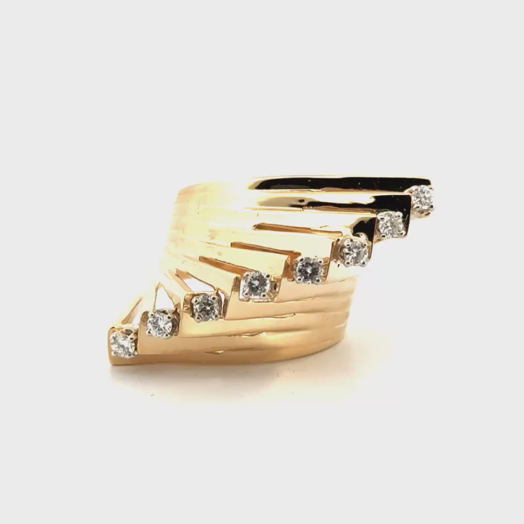 1970's Modernist Geometric Three Dimensional Diamond Ring in 14K Yellow Gold