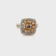 Champagne Diamond Halo Cluster Statement Ring Featuring 1.78cttw. Diamond Set in 14K White Gold Sz 5