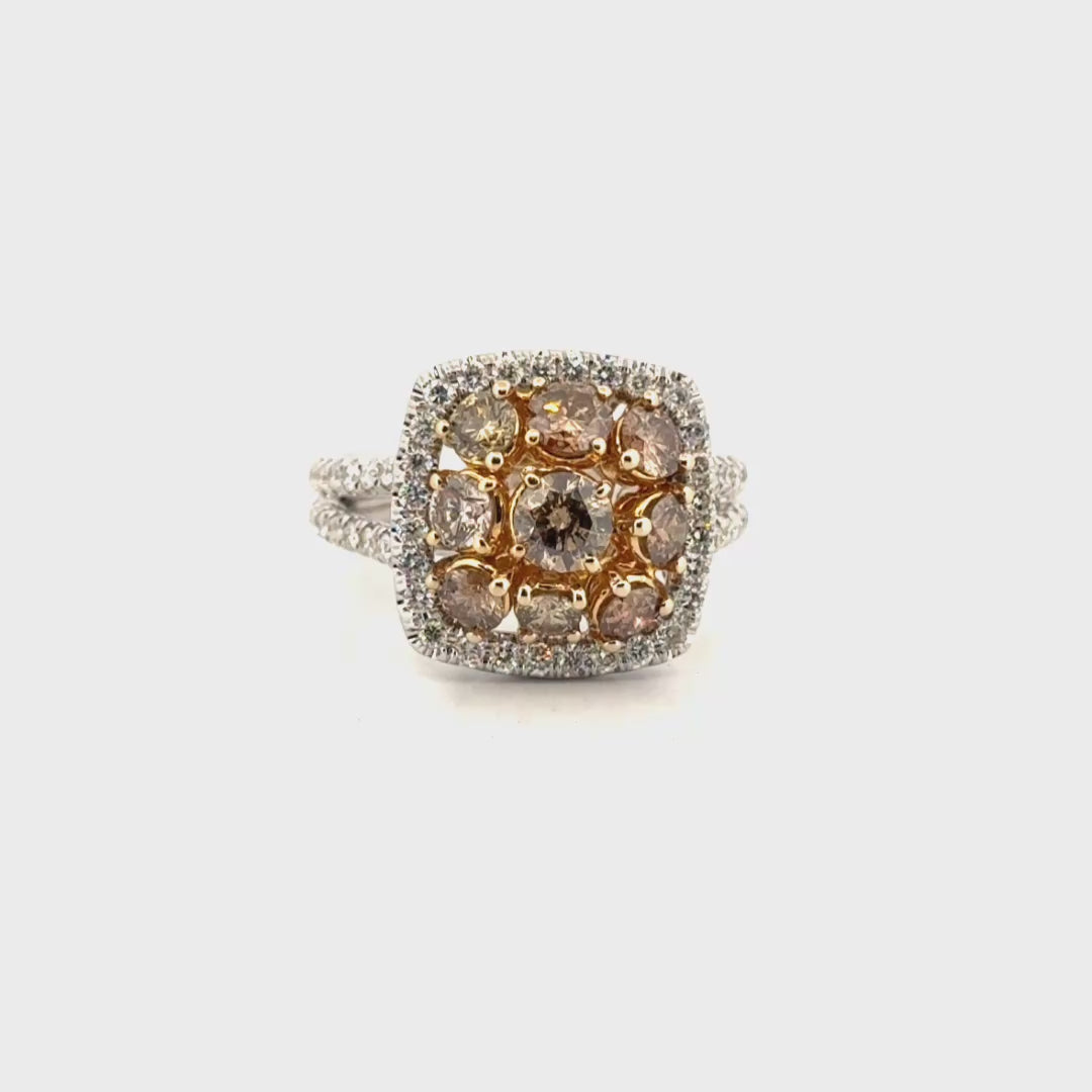 Champagne Diamond Halo Cluster Statement Ring Featuring 1.78cttw. Diamond Set in 14K White Gold