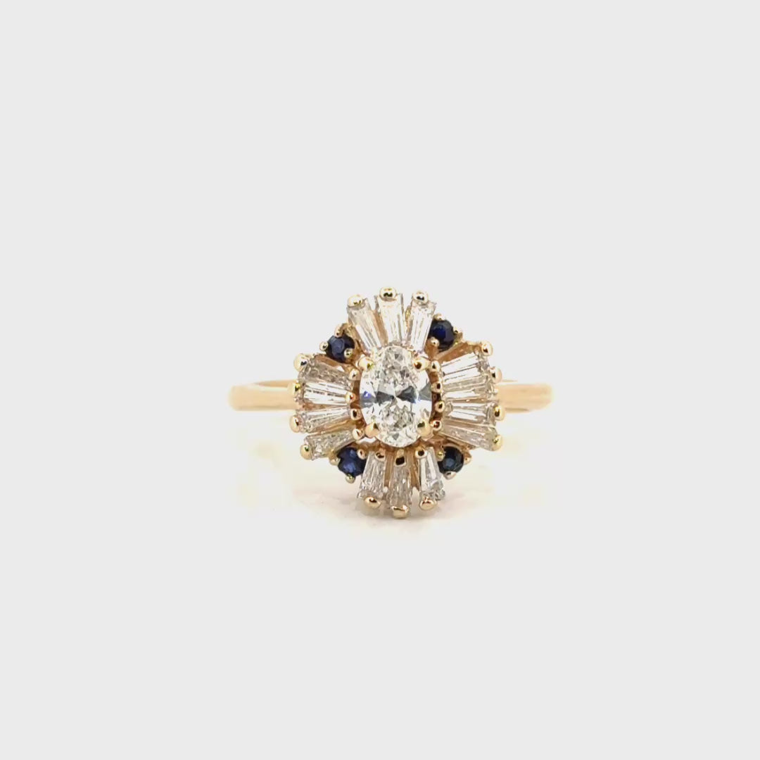 Approx .65ct Natural Diamond Oval with Diamond Baguette & Sapphire Accents in 14K Yellow Gold