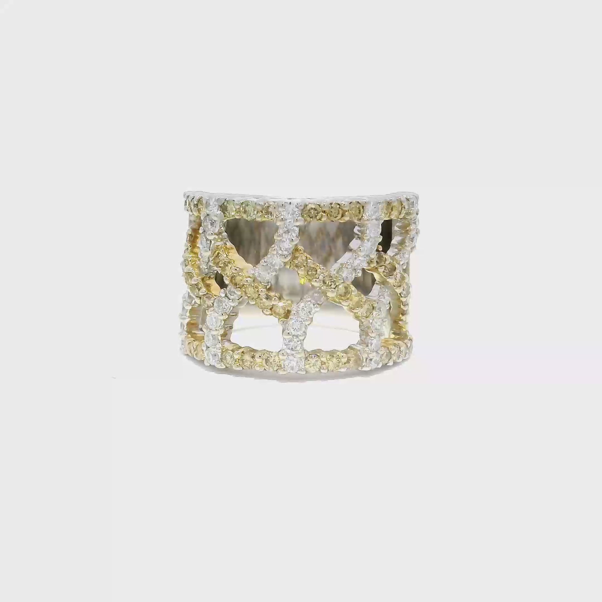 White & Fancy Yellow Natural Diamond Crisscross Style Wide Band in 18K White Gold