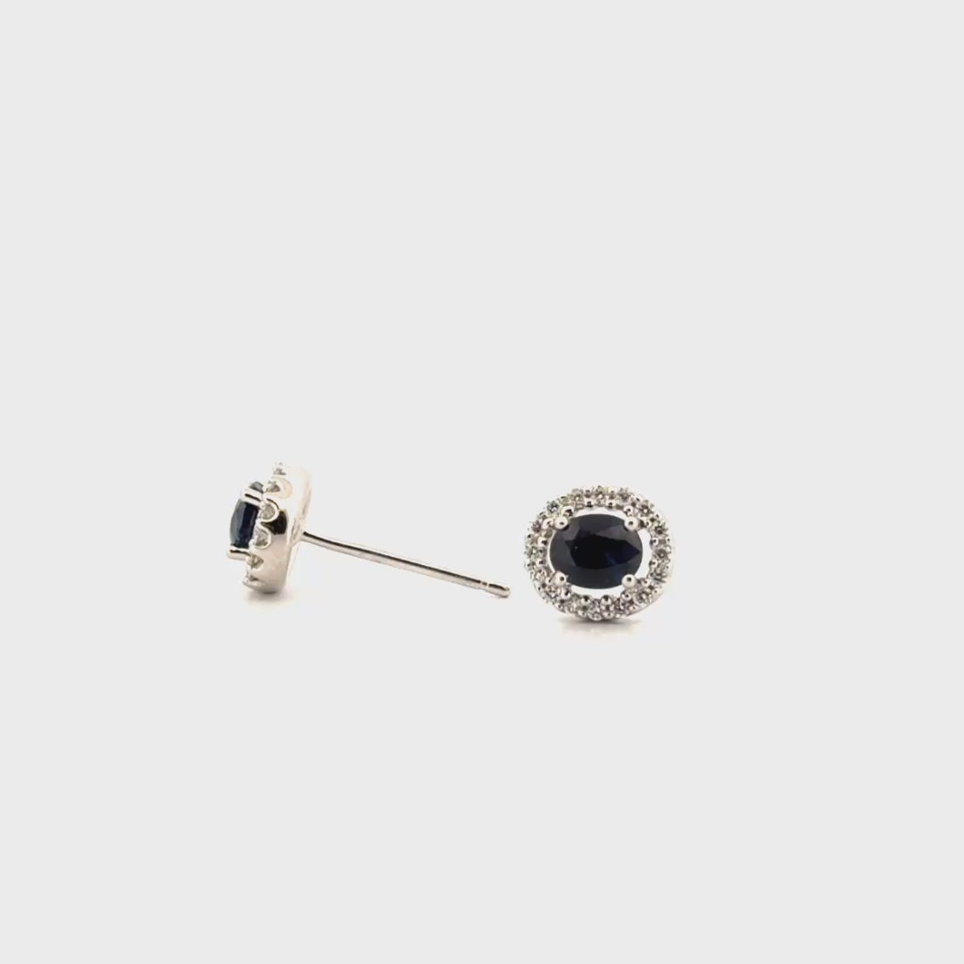 Natural Oval Cut Sapphire & Diamond Ear Studs Set in 14K White Gold