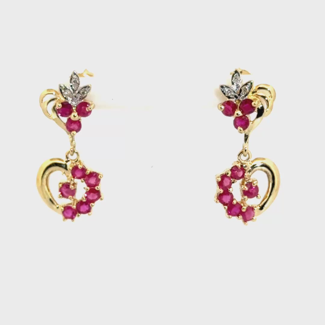 Ruby & Diamond Drop Style Earrings in 14K Yellow Gold