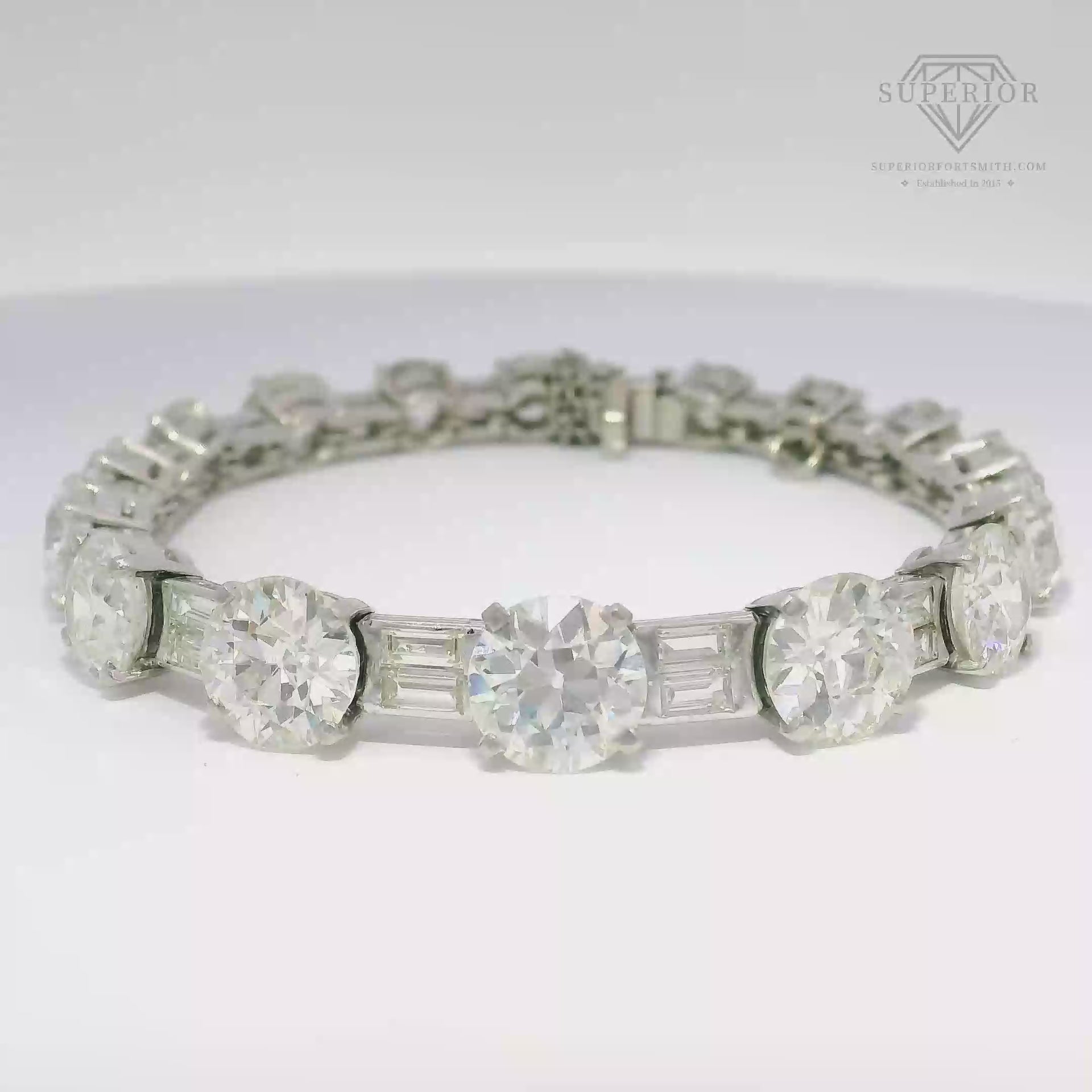 30cttw. Natural Old Mine Cut Round & Baguette Diamond Bracelet in Platinum