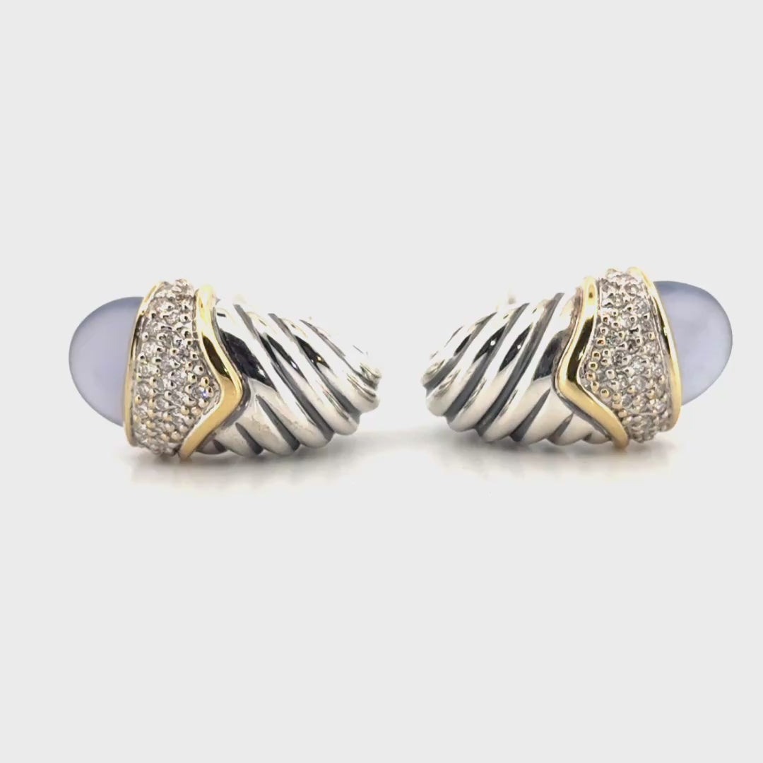 David Yurman Chalcedony & Natural Diamond Cable Huggie Earrings in 925 Sterling Silver with 18K Yellow Gold Accents