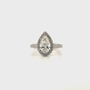1.43ct. E VS1 Lab Grown Pear Diamond in 14K White Gold Halo Mounting Sz 4.5
