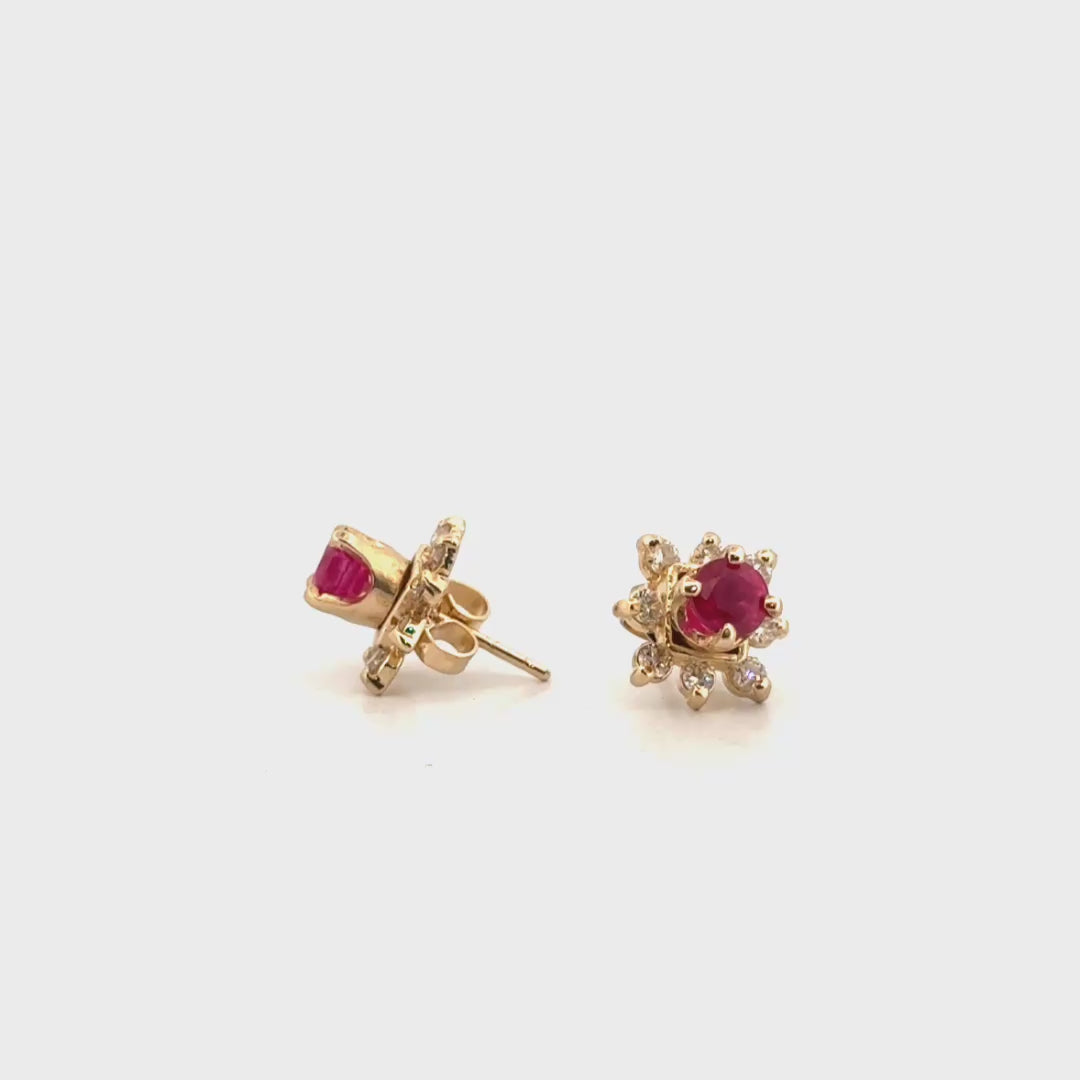 Natural Ruby Ear Studs with Diamond Jacket in 14K Yellow Gold
