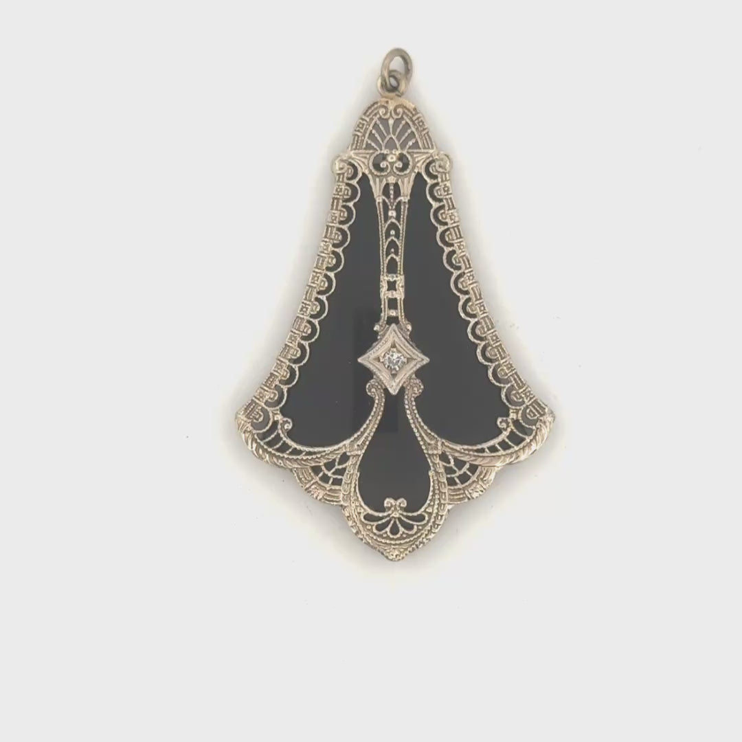 Vintage Filigree Pendant with Black Onyx & Old Euro Cut Diamonds Set in 14K White Gold