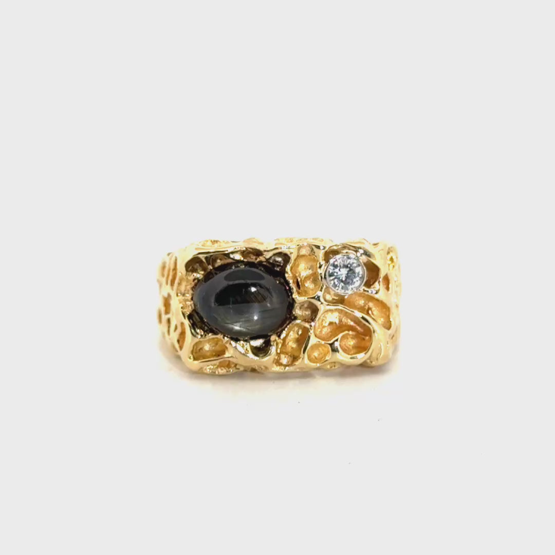 Natural Black Star Sapphire & Diamond Nugget Style Ring in 14K Yellow Gold