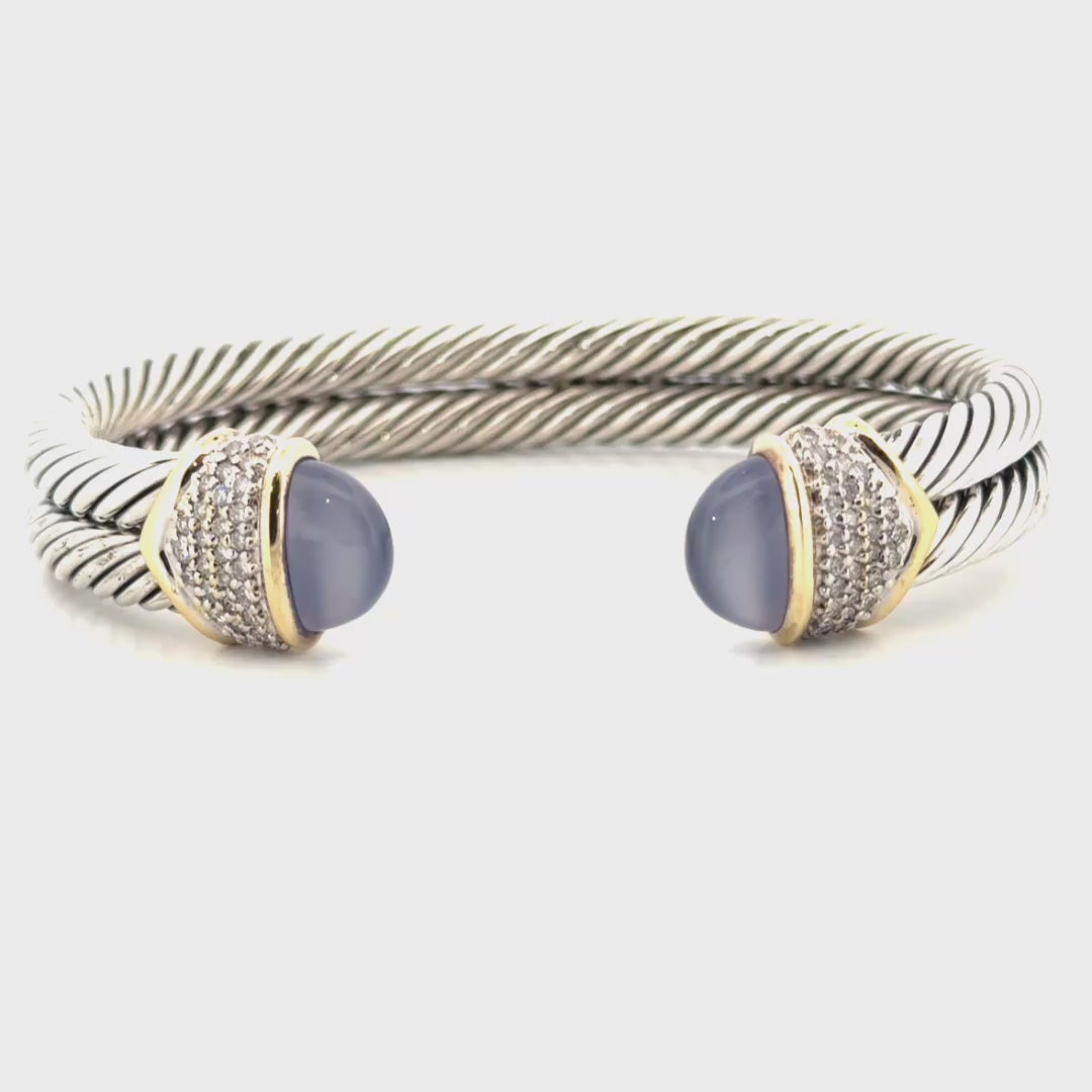 David Yurman Chalcedony & Diamond Double Cable Bangle in 925 Sterling Silver with 18K Yellow Gold Accents