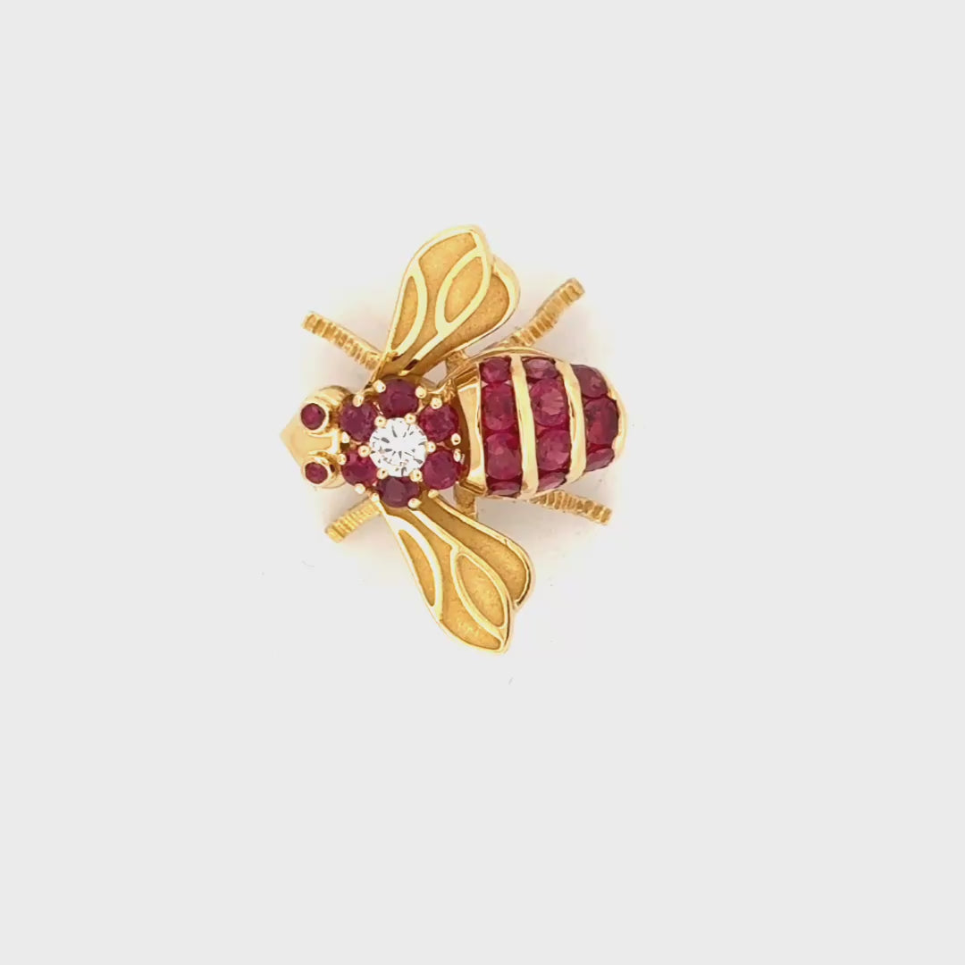Natural Diamond & Ruby Bee Pin Set in 18K Yellow Gold