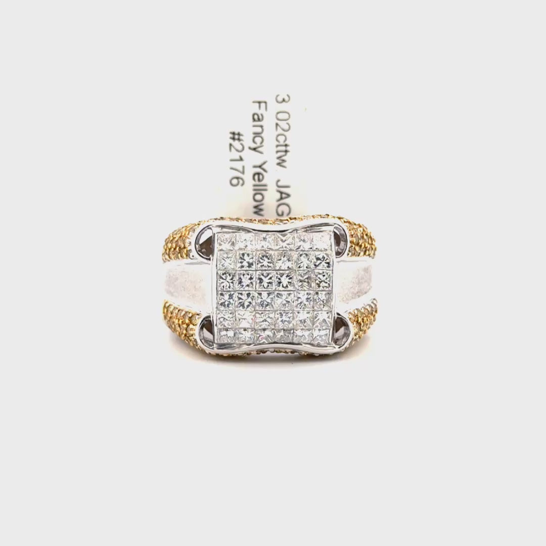 3.02cttw. Fancy Yellow & White Diamond Estate Ring Set in 14K White Gold