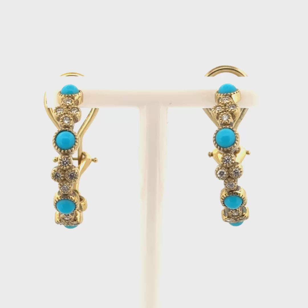 Natural Diamond & Turquoise Hoop Earrings in 14K Yellow Gold
