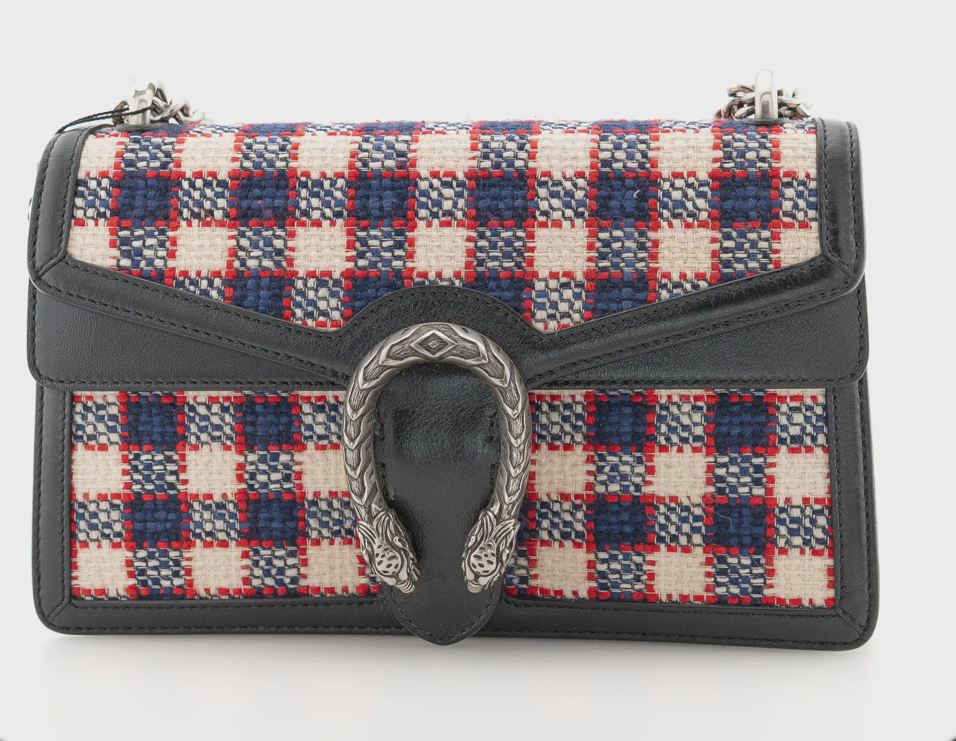 Gucci Tweed Check Small Dionysus Shoulder Bag White Hibiscus Red Marine