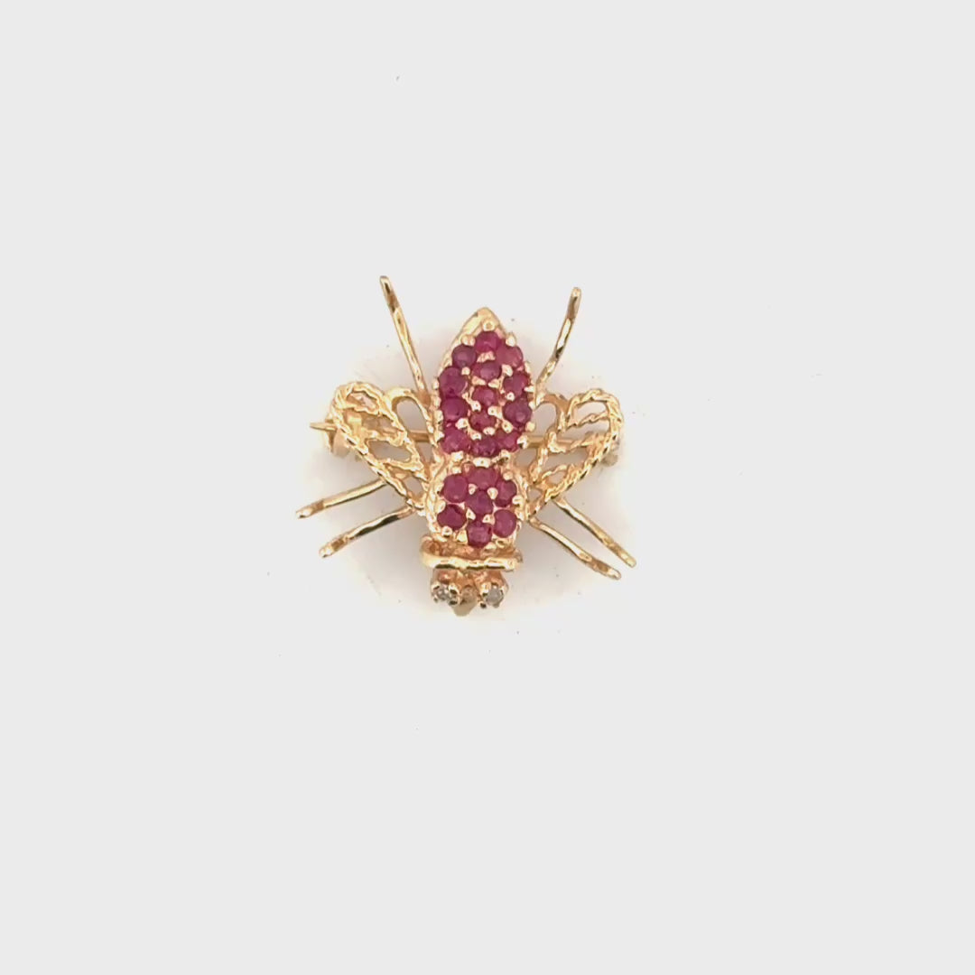 Natural Ruby & Diamond Bug Pin Set in 10K Yellow Gold