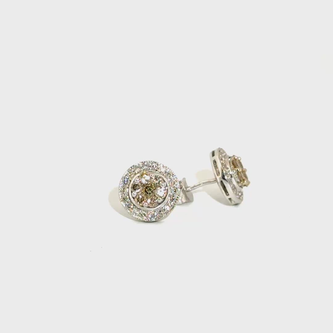 Champagne Diamond Cluster with Diamond Halo Ear Studs in 14K White Gold