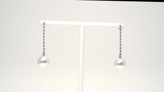 South Sea Pearl Linear Style Dangle Earrings in 18K White Gold with Natural Diamonds