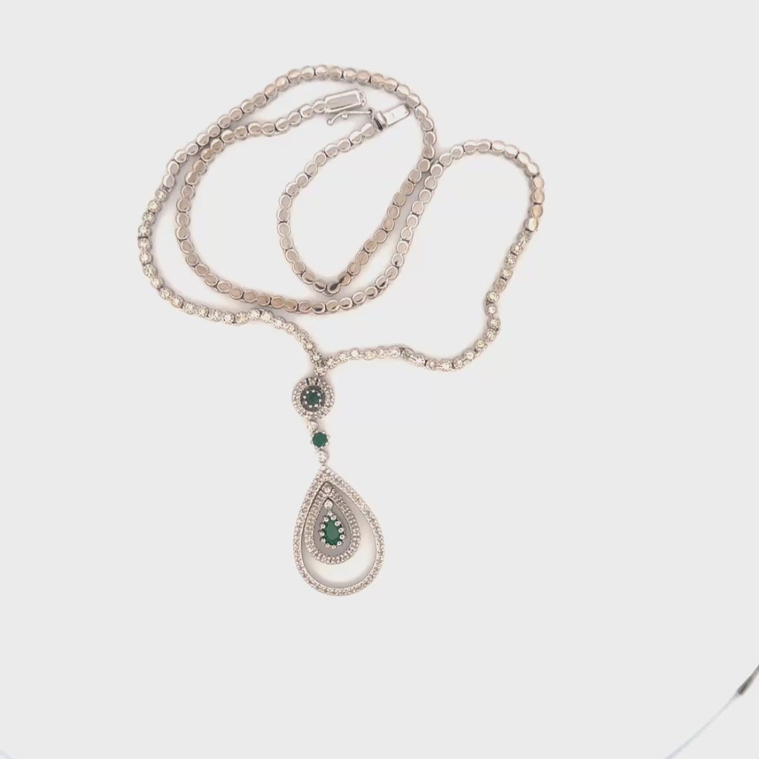 Natural Emerald & Diamond Double Halo Drop Necklace Set in 14K White Gold