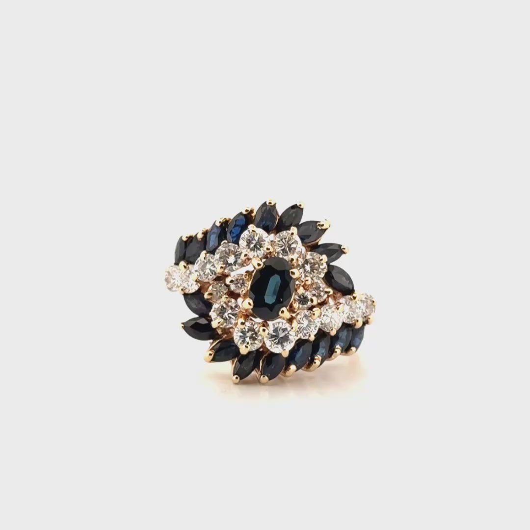 Blue Sapphire & Diamond Bypass Swirl Fashion Ring in 14K Yellow Gold