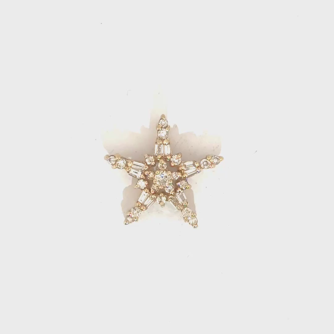 Natural Round & Baguette Diamond Star Pendant in 14K Yellow Gold