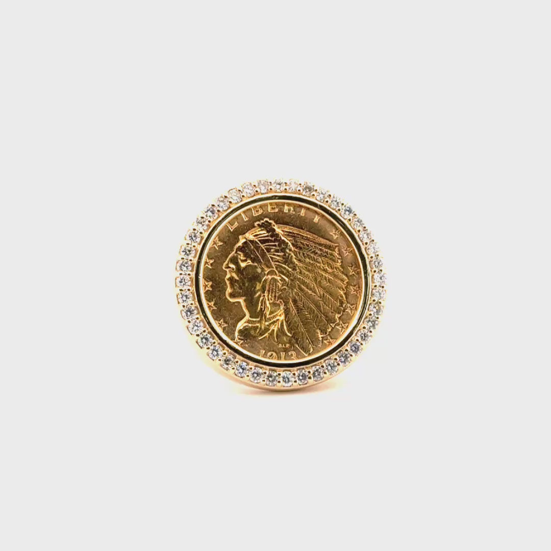 $2.5 Gold Indian Coin Ring Set in 14K Yellow Gold With Diamond Bezel