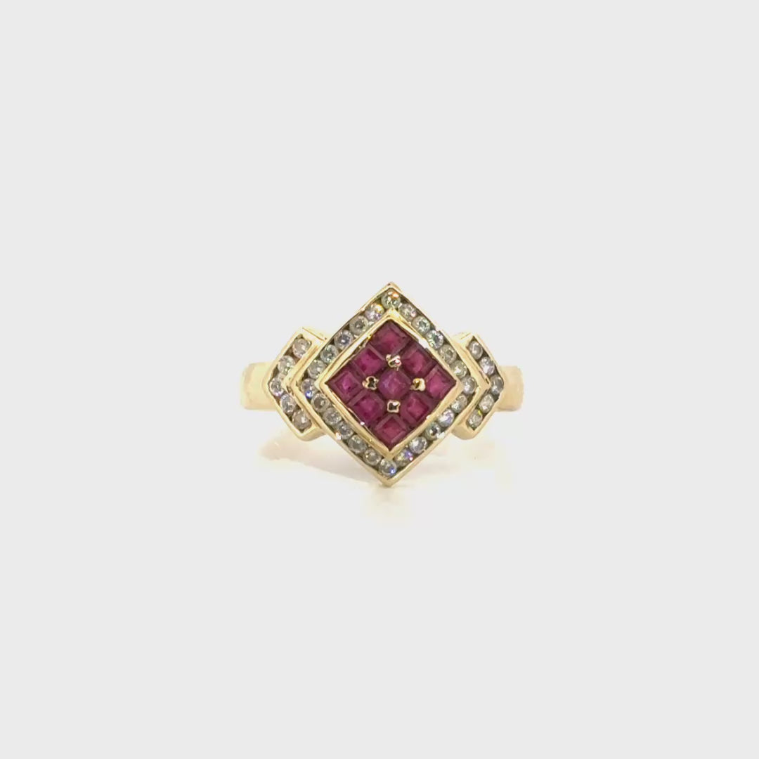 Natural Diamond & Ruby Geometric Ring in 14K Yellow Gold