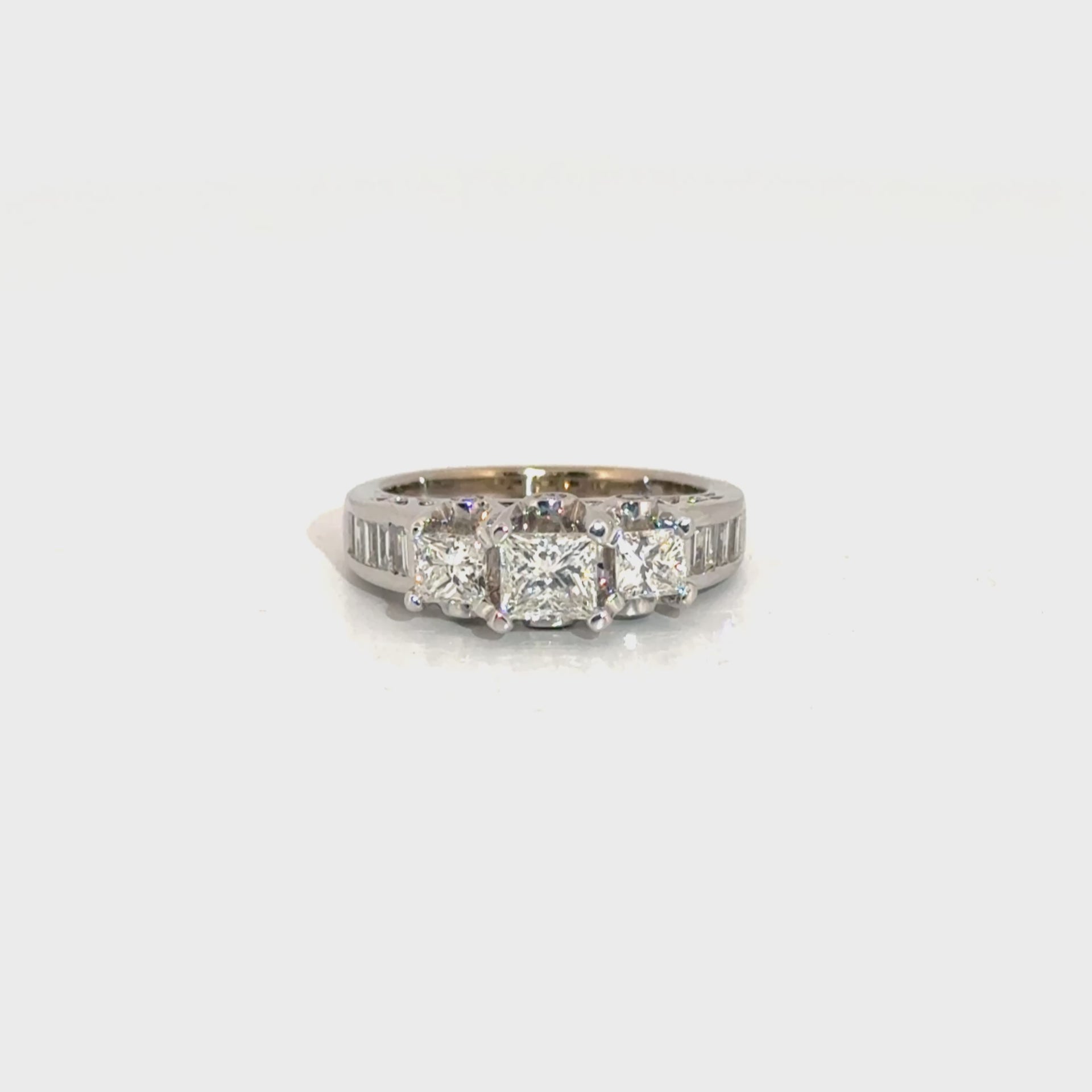 Three Stone Natural Princess Engagement Ring in 14K White Gold