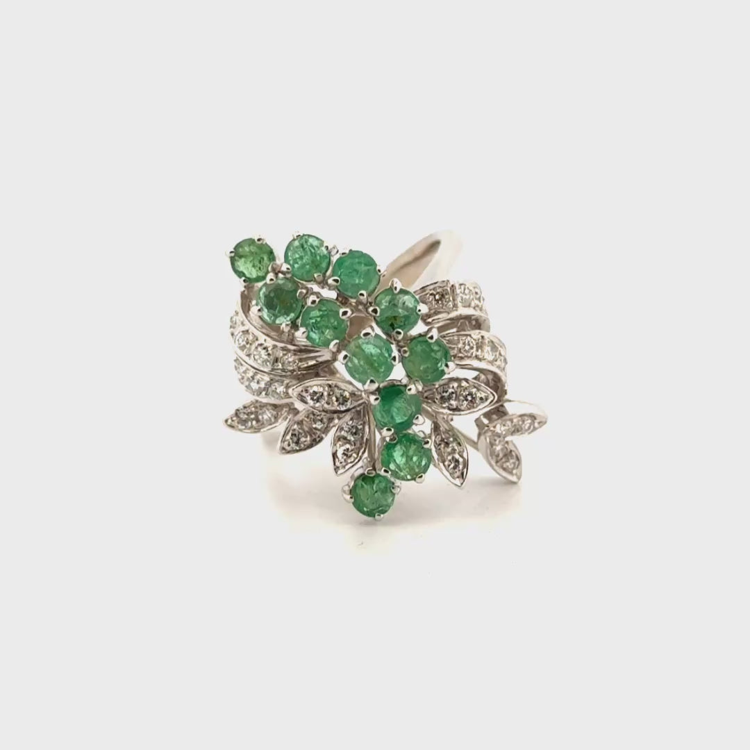 Natural Diamond & Emerald Fashion Ring in 14K White Gold