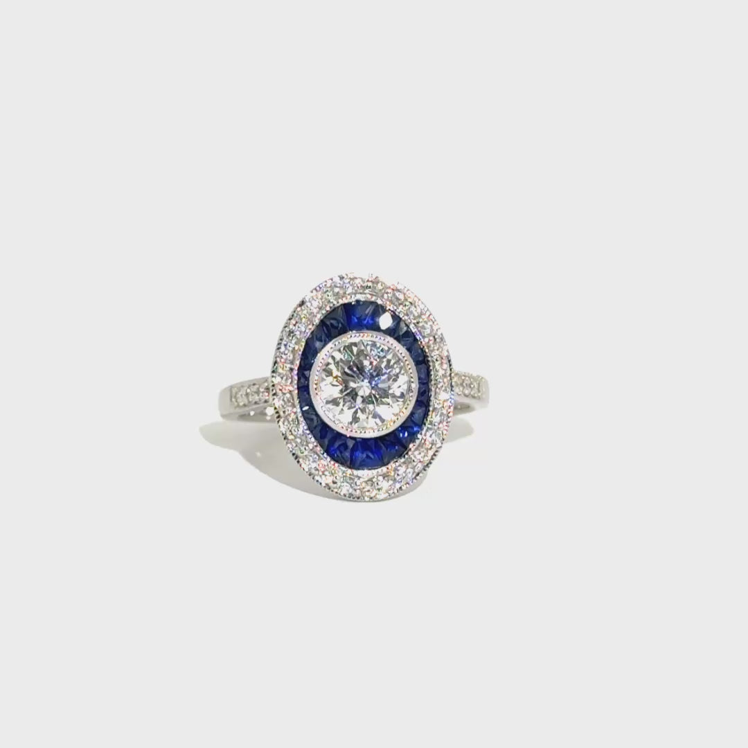1.0ct Natural Round Diamond Set in Vintage Style Sapphire & Diamond Ring Set in 14K White Gold