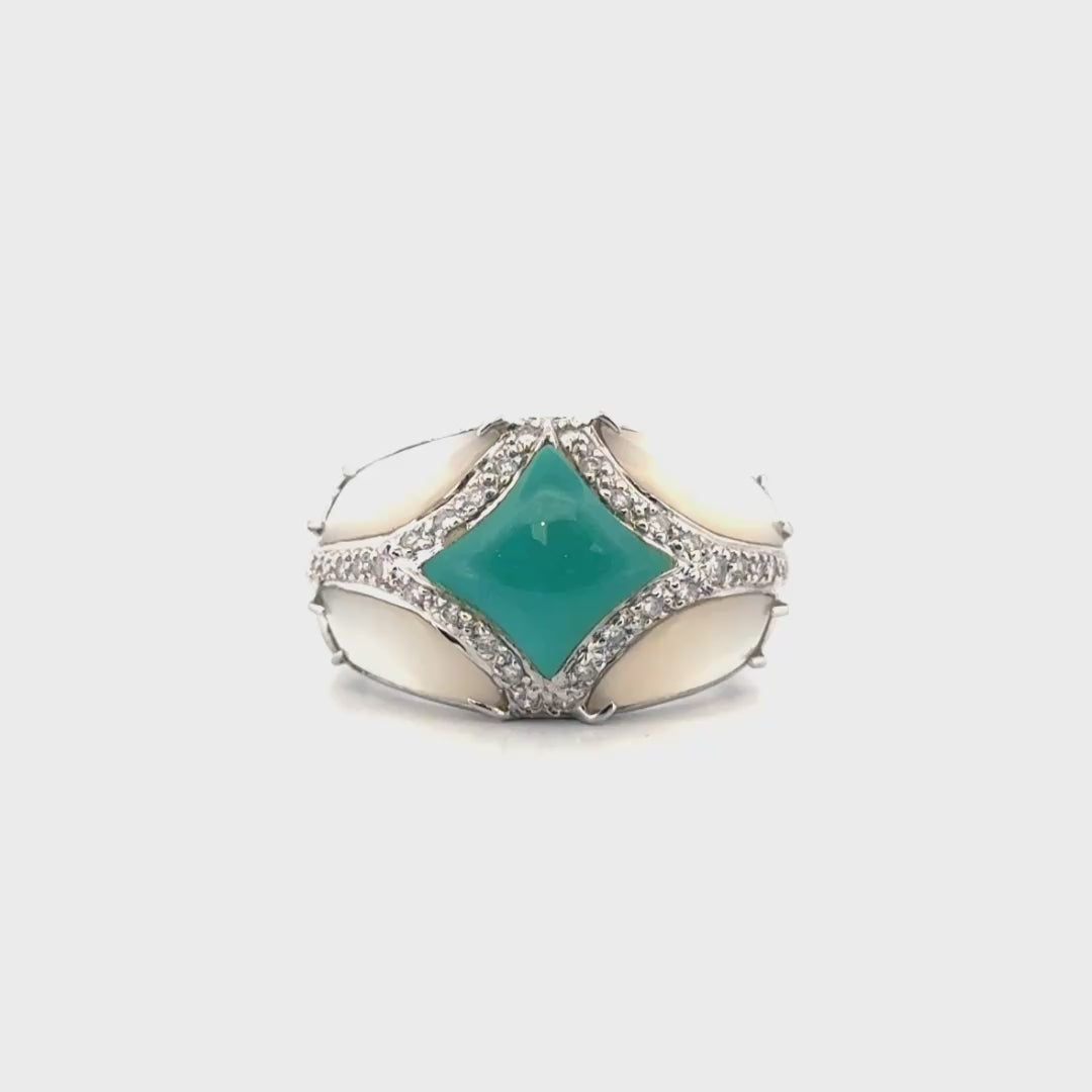 Turquoise & Mother of Pearl Ring With Diamond Accents Set in 14K White Gold