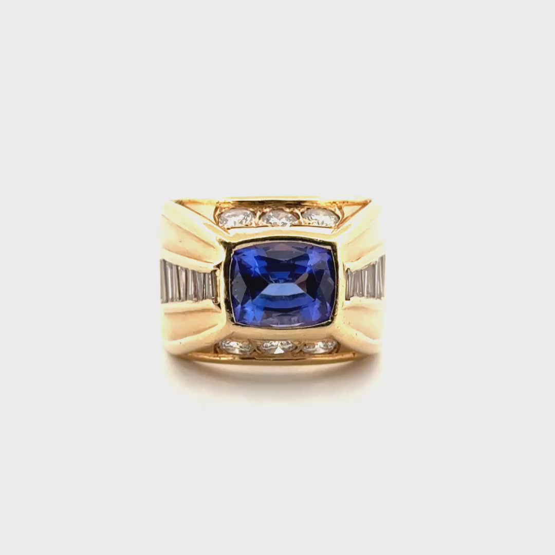 2.69ct. Tanzanite Estate Cigar Band Ring with 1.57cttw. Natural Diamonds Set in 14K Yellow Gold