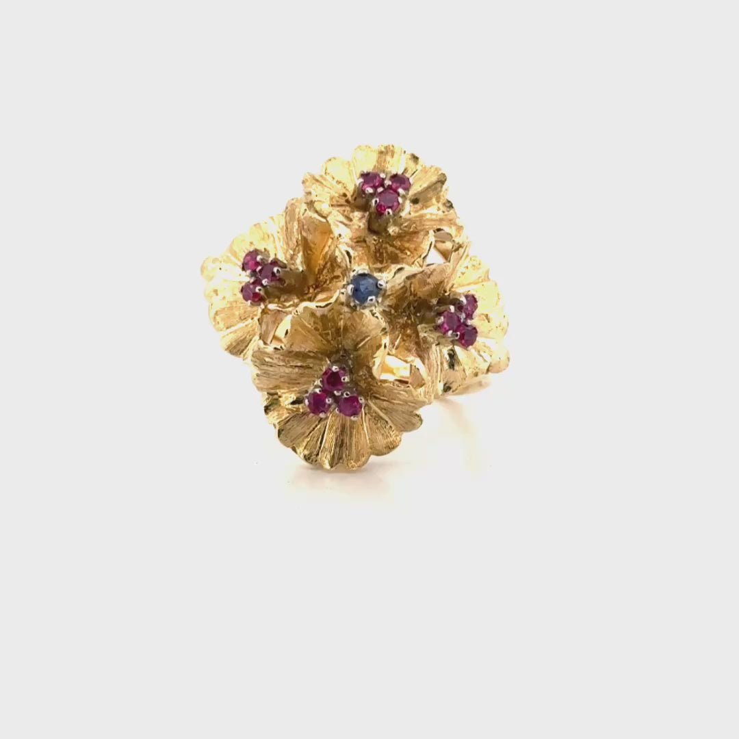 Ruby & Sapphire Flower Style Estate Ring Set in 18K Yellow Gold