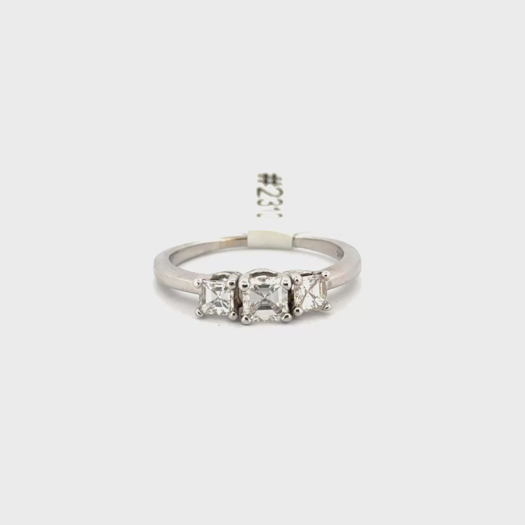 Natural Asscher Cut Three Stone White Gold Ring Set in 14K White Gold