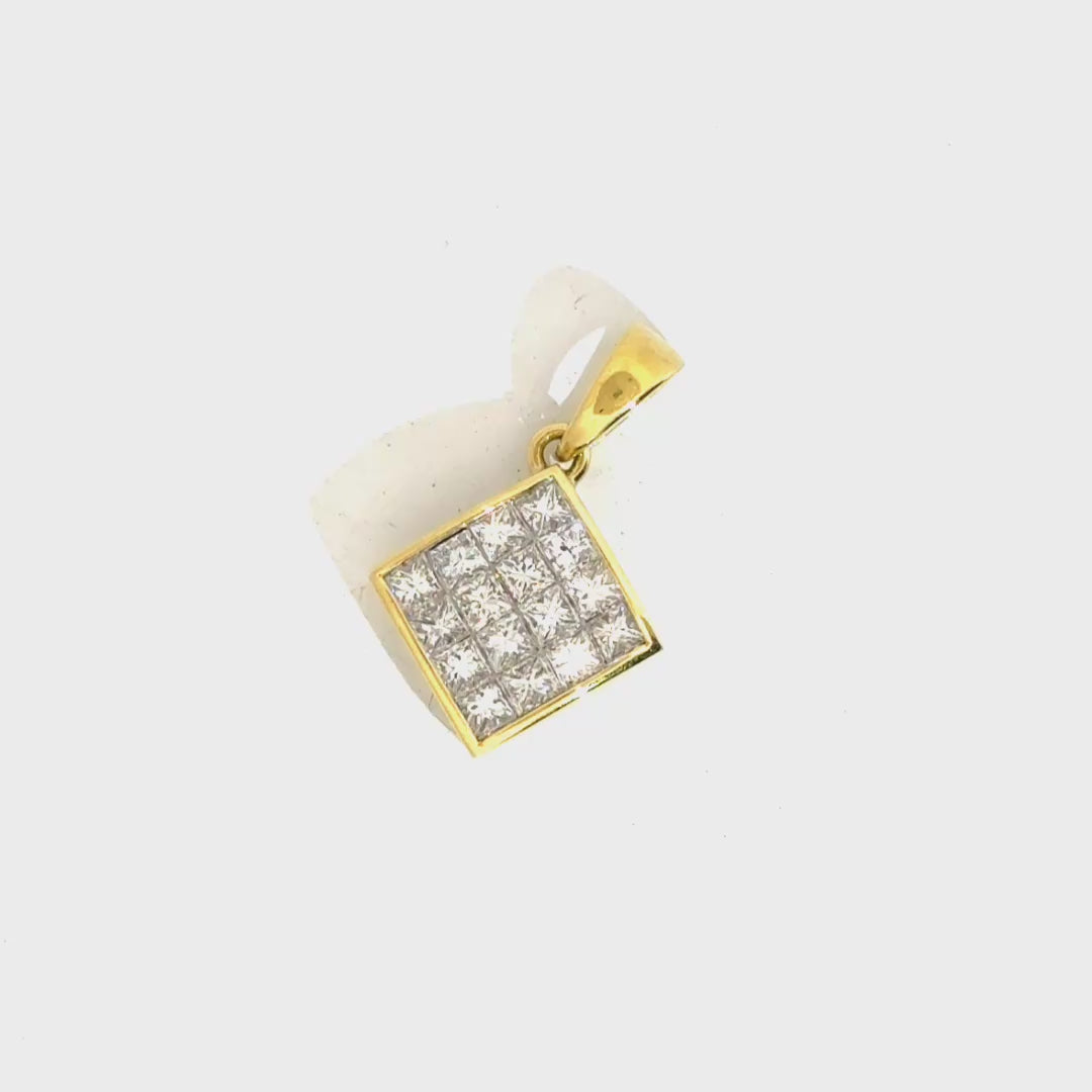 Princess Cut Diamond Square Shaped Dangle Pendant in 18K Yellow Gold with 1.45cttw. Natural Diamond