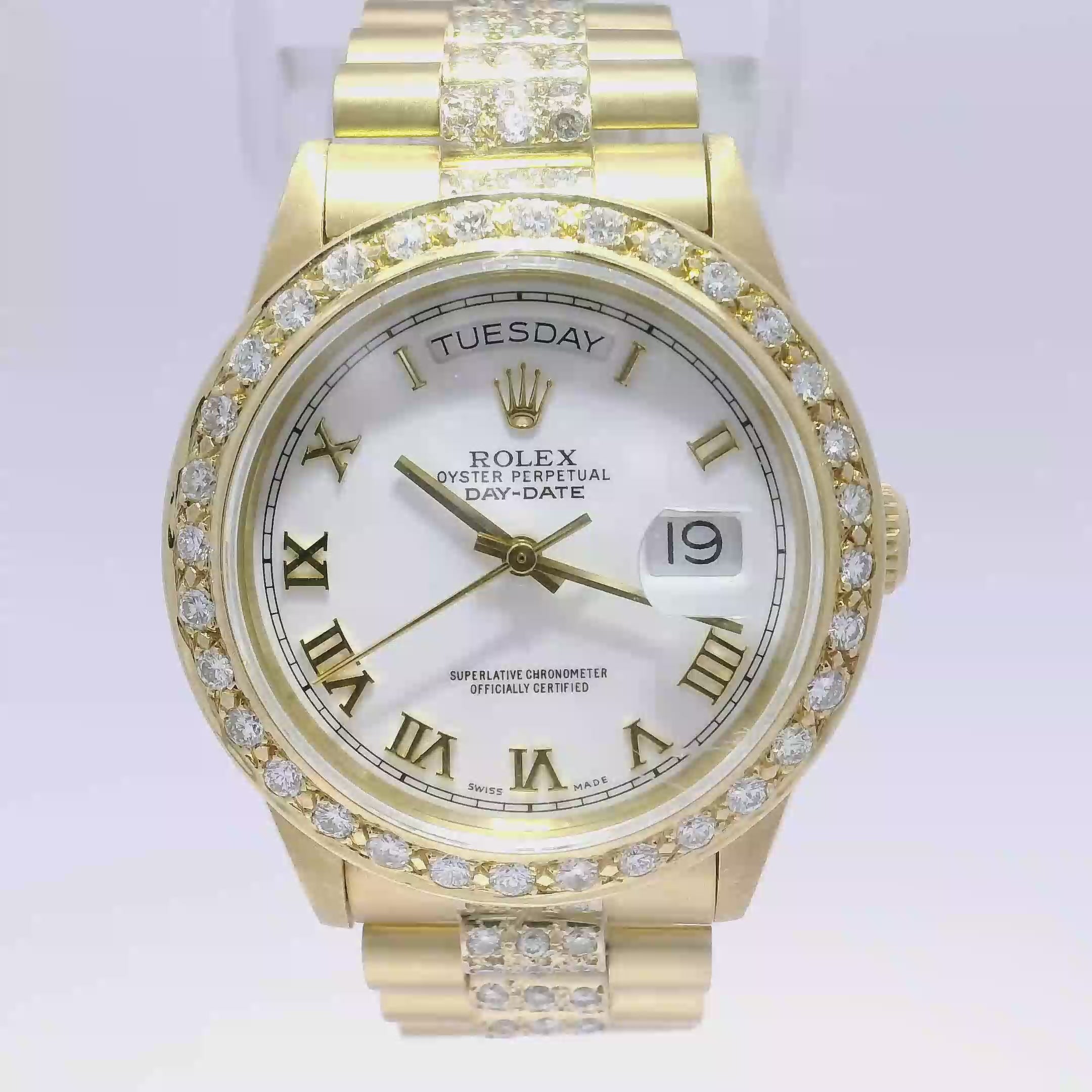 36mm Rolex President in Solid 18K Yellow Gold Featuring Large Diamond Bezel & Diamond Center Links