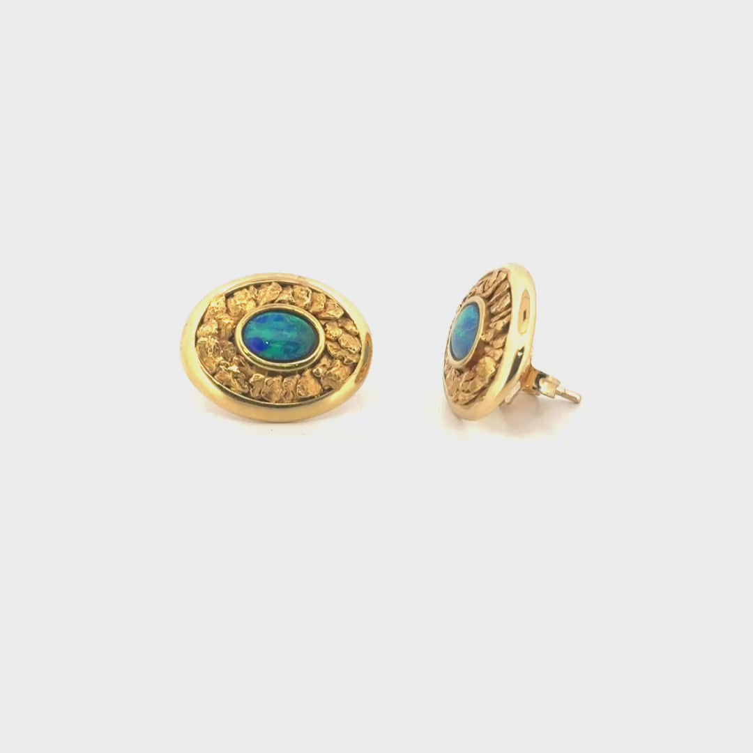 Black Opal Nugget Style Earrings Set in 18K Yellow Gold