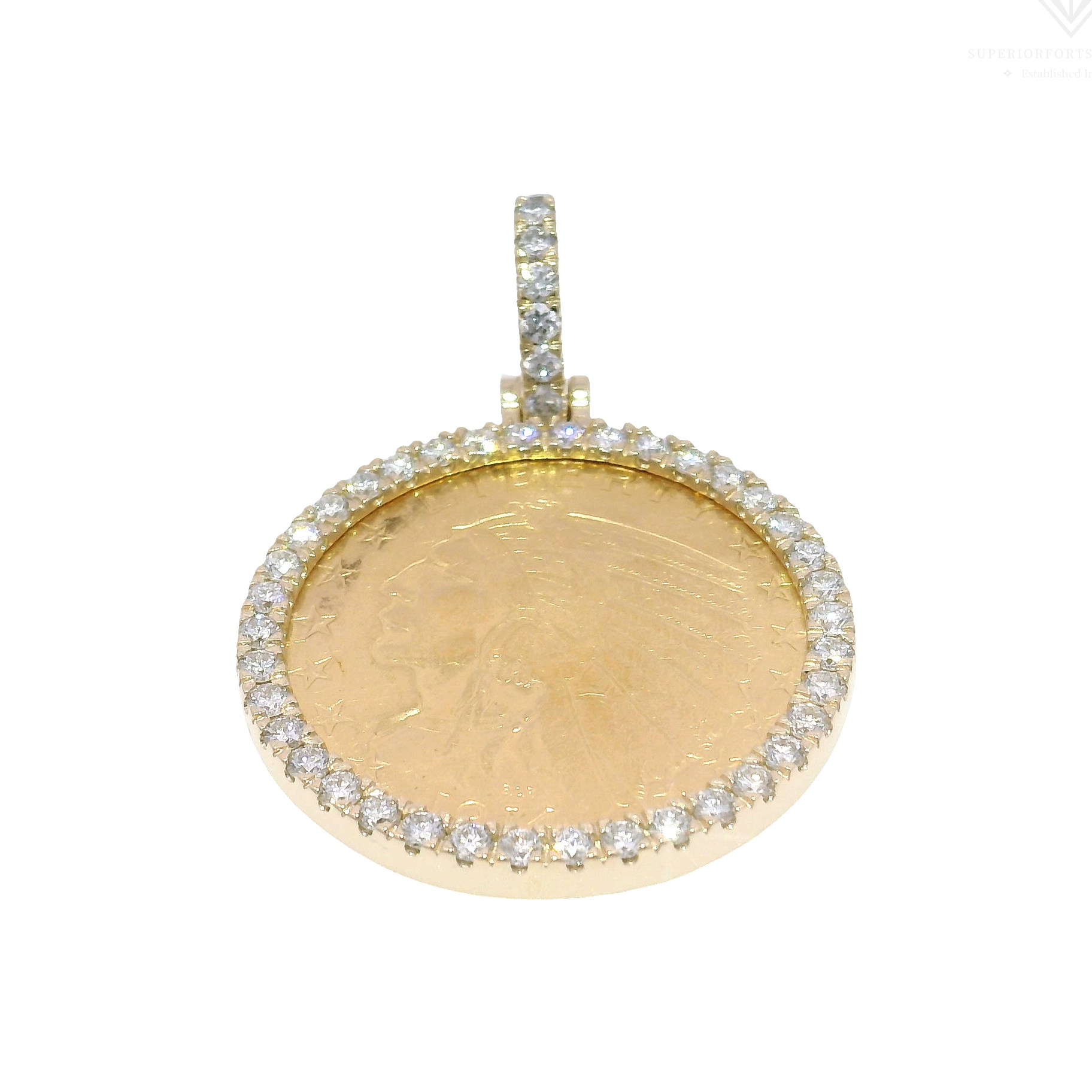 1914 $5 Gold Indian Coin Pendant in Custom 14K Yellow Gold & Lab Diamond Mounting