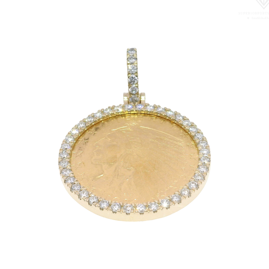 1914 $5 Gold Indian Coin Pendant in Custom 14K Yellow Gold & Lab Diamond Mounting