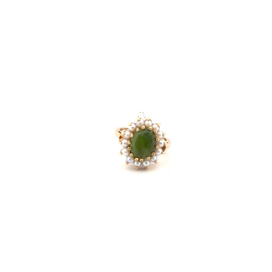 1.65ct. Nephrite Jade & Pearl Ring Set in 10K Yellow Gold