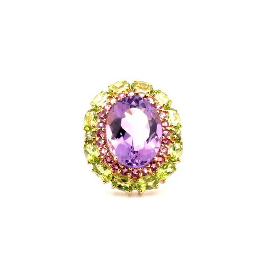 8.4ct. Amethyst With Peridot & Pink Tourmaline Halos Set in 10K Yellow Gold