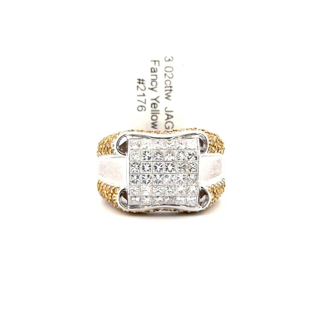 3.02cttw. Fancy Yellow & White Diamond Estate Ring Set in 14K White Gold