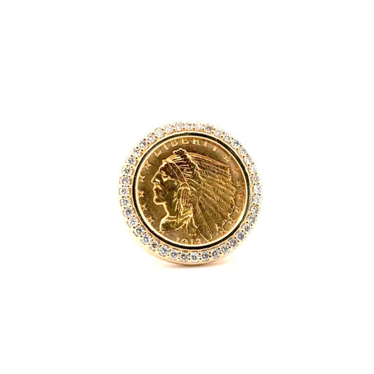 $2.5 Gold Indian Coin Ring Set in 14K Yellow Gold With Diamond Bezel