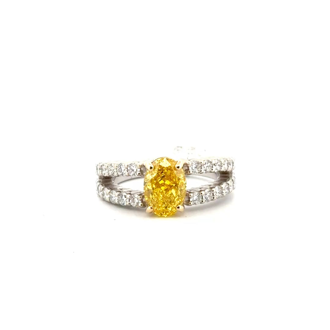2.21ct. F VS1 Fancy Vivid Yellow Lab Diamond Oval Set in 14K White Gold Sz 7